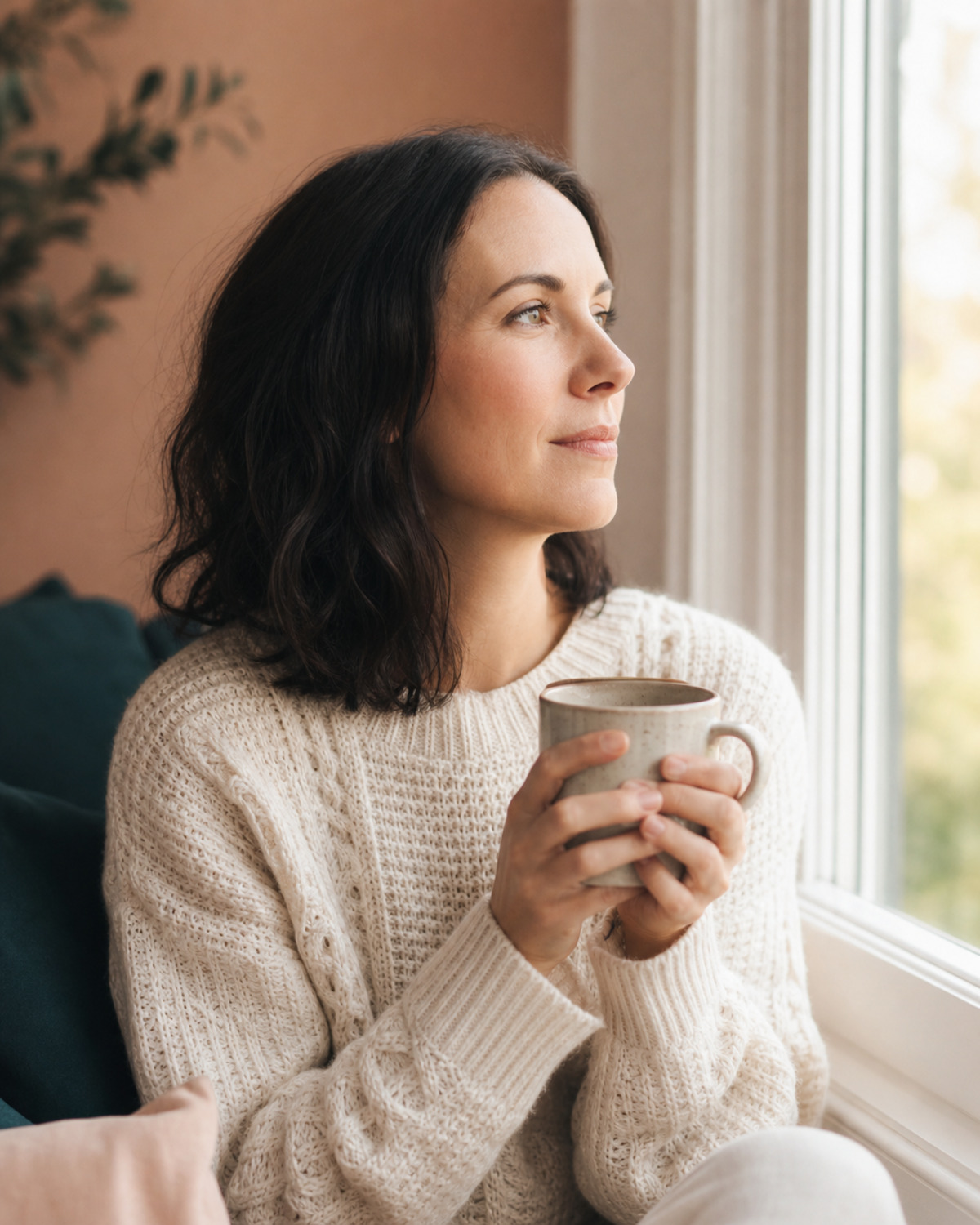 A woman in soft profile by a window, contemplative and quiet.