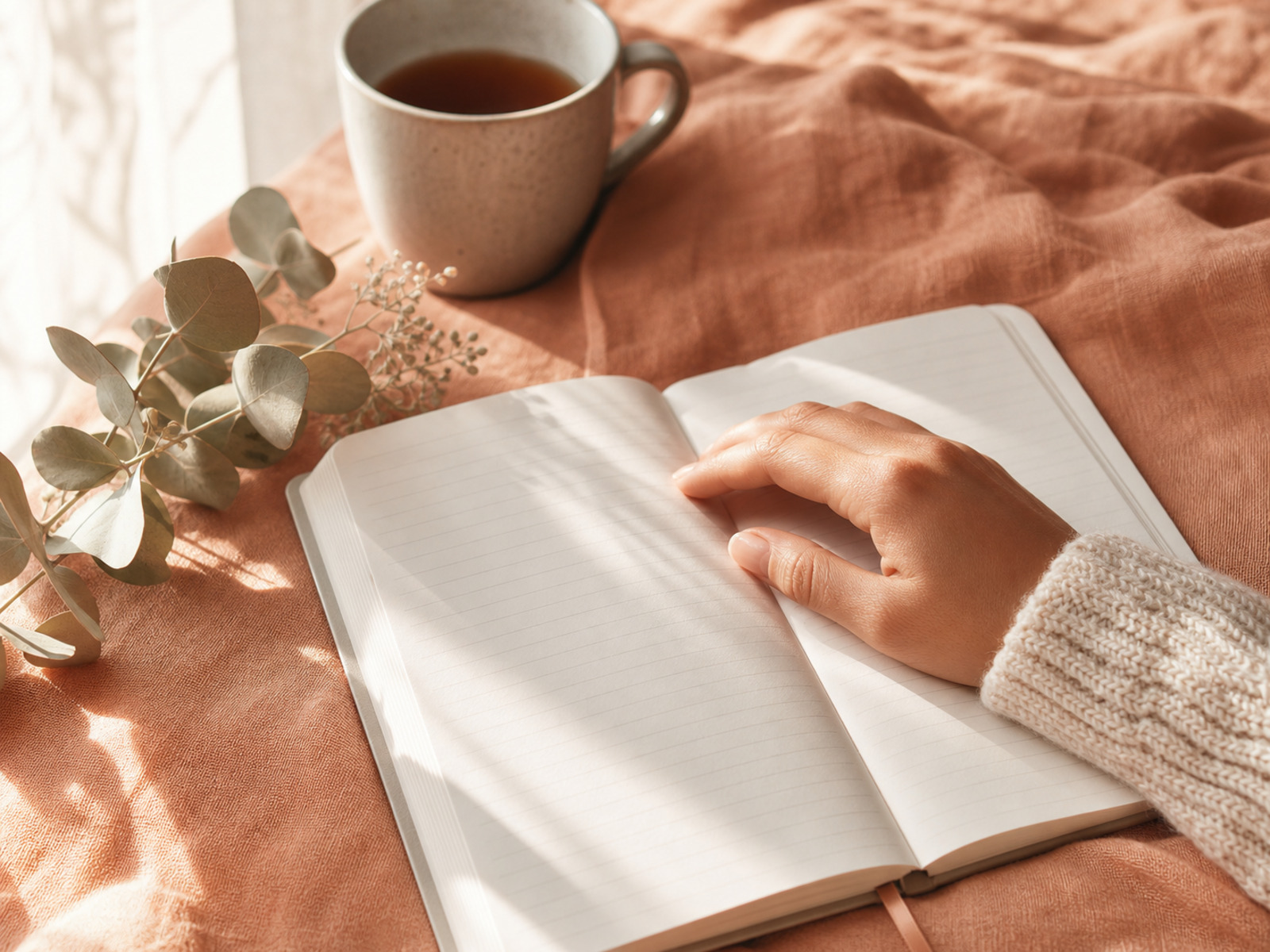 A hand resting on an open journal in soft window light on a warm peach linen surface.